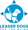 Leader Dog's logo. A blue circle has the image of a dog wearing a guide dog harness. Under the blue circle are the words, "Leader Dogs for the Blind"
