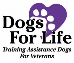 Dogs for Life's logo. The text reads, "Dogs for Life Training Assistance Dogs for Veterans." Behind the words is a white dog paw print on top of a purple heart.