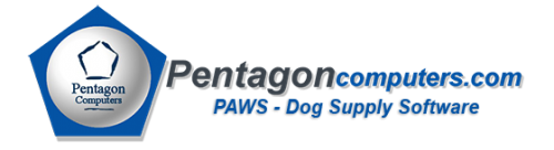 Pentagon Computers' logo. The words read, "Pentagoncomputers.com PAWS - Dog Supply Software." To the left of the words is a gray circle inside of a blue pentagon