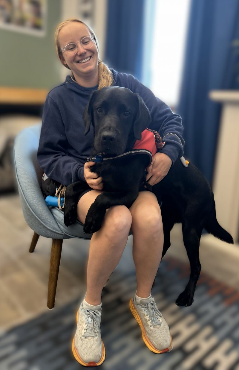 A woman is sitting in a chair. A black labrardor retriever in red vest has his front paws across her lap. His back paws are on the ground.