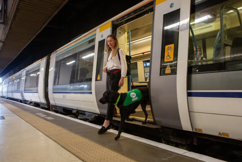 An assistance dog trained by ADI accredited member Dogs for Good disembarks a train with its handler &copy; ADI _ Dogs for Good