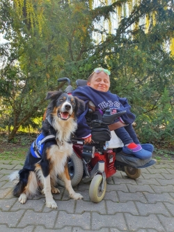 A black tan and white dog wearing a blue assistance dog vest is sitting next to a woman in a motorized wheelchair. Both the dog and woman are looking at the camera. 